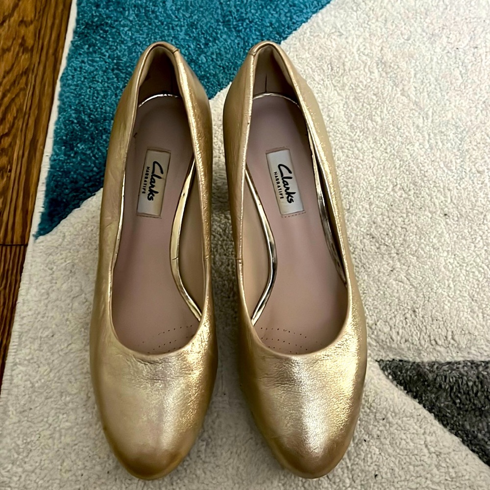 Gold metallic block heels